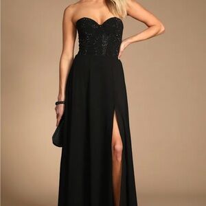 Lulu's Strapless Black Sequin Bodice Evening Gown with Side Slit